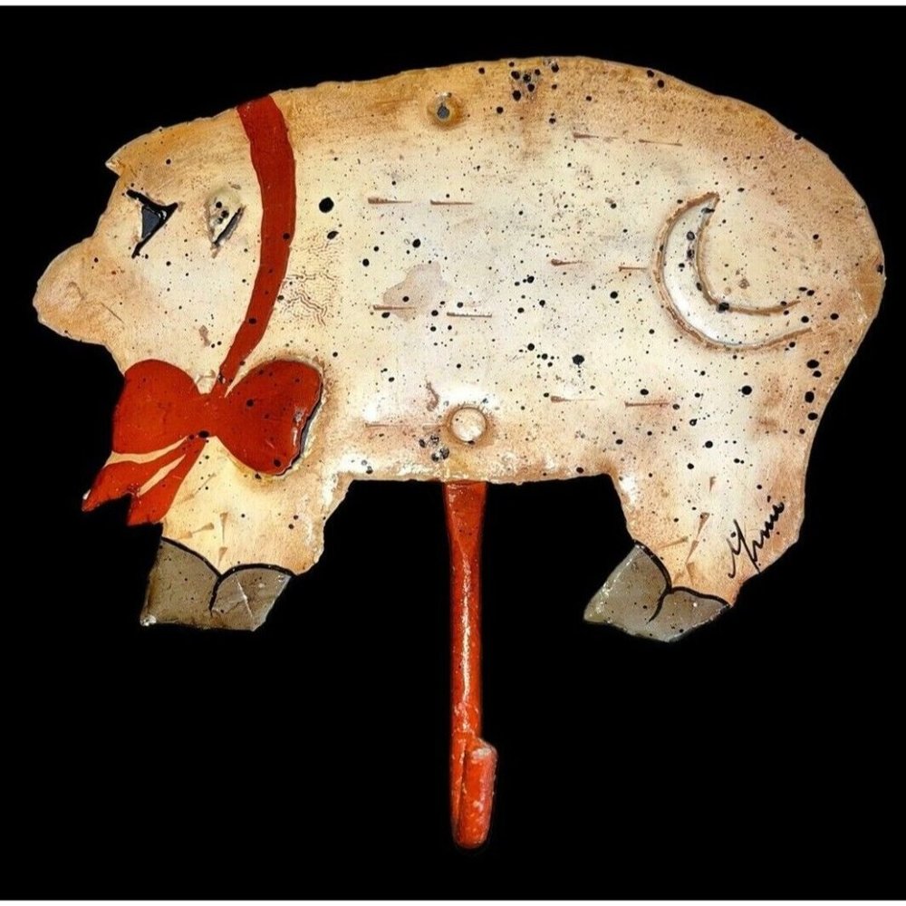 Pig Hook Metal Wall Décor Towel Coat Hanger Rustic Farmhouse Country Signed Art - Picture 1 of 4